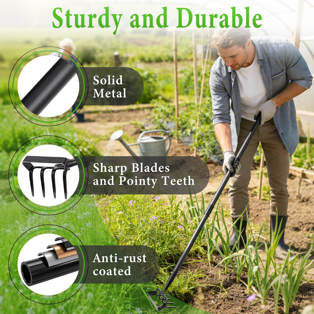Garden Hoe with Rake, 37-82" Adjustable Long Handle Stirrup Weeder Hoe & 4-Tine Cultivator, Heavy Duty Scuffle Loop Hoe for Fast Weeding, Soil Loosening, Flower Beds, Vegetable Gardens