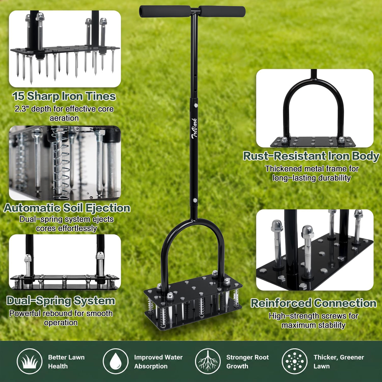 TreVark Lawn Aerator, Automatic Dirt and Leaf Clean Design, Heavy Duty Manual Lawn Aerator Tool with 15 Iron Spikes, Height Adjustable, Yard Grass Aerator for Lawn.