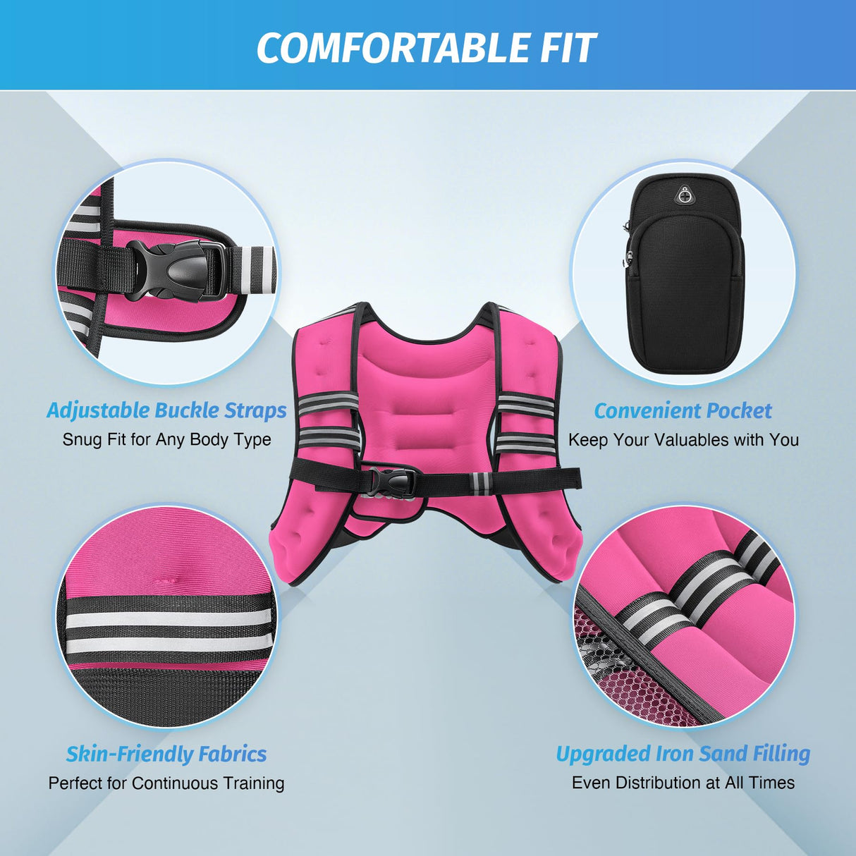 ZELUS Weighted Vest, 6lb/8lb/12lb/16lb/20lb/25lb/30lb Weight Vest with Reflective Stripe for Workout, Strength Training, Running, Fitness, Muscle Building, Weight Loss, Weightlifting, Pink(8 lb)