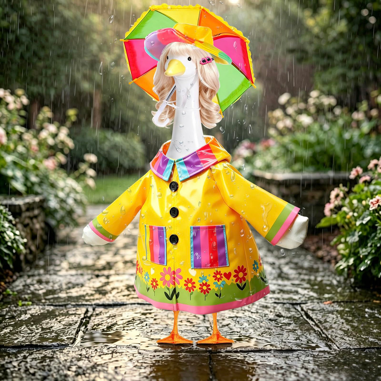 XEVZOK 4 Pcs Porch Goose Raincoat with Wigs, Outfits and Clothes, Spring Summer Goose Statue Raincoat Costume, 23" Geese Statue Clothes for Patio Yard Lawn Outdoor Decor