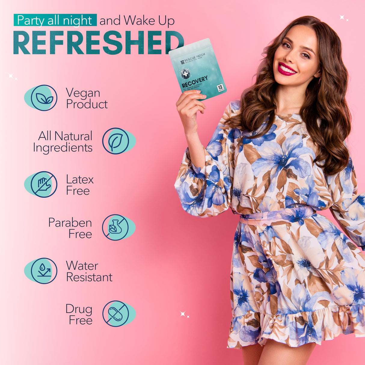 Rescue Patch - Recovery Patch, Drinking Patches for After Party Relief, Natural Party Recovery Patches for Hydration and Energy Support, All-Natural Ingredients and Vegan (1, 12, Count)