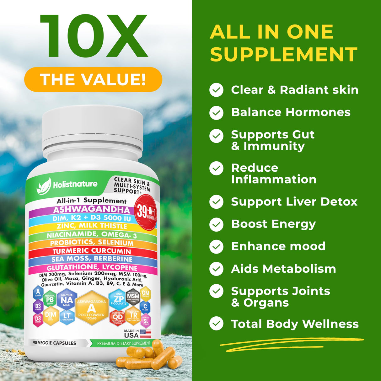 39-in-1 Skin, Gut & Hormone | Cortisol Support – with DIM, Zinc, Probiotics, Ashwagandha, Turmeric & Antioxidants – Clinically-Backed Supplement for Women & Men – Acne, Immune & Detox – 90 Capsules