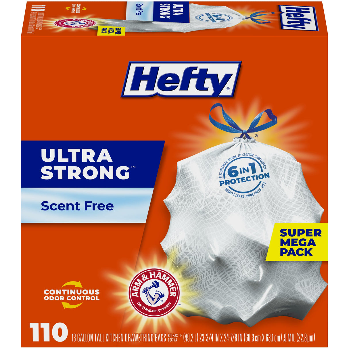 Hefty Ultra Strong 13 Gallon Trash Bags, Tall Kitchen Trash Bags 13 Gallon Size, Drawstring Closure, Continuous Odor Control, White, Unscented, 110 Bags