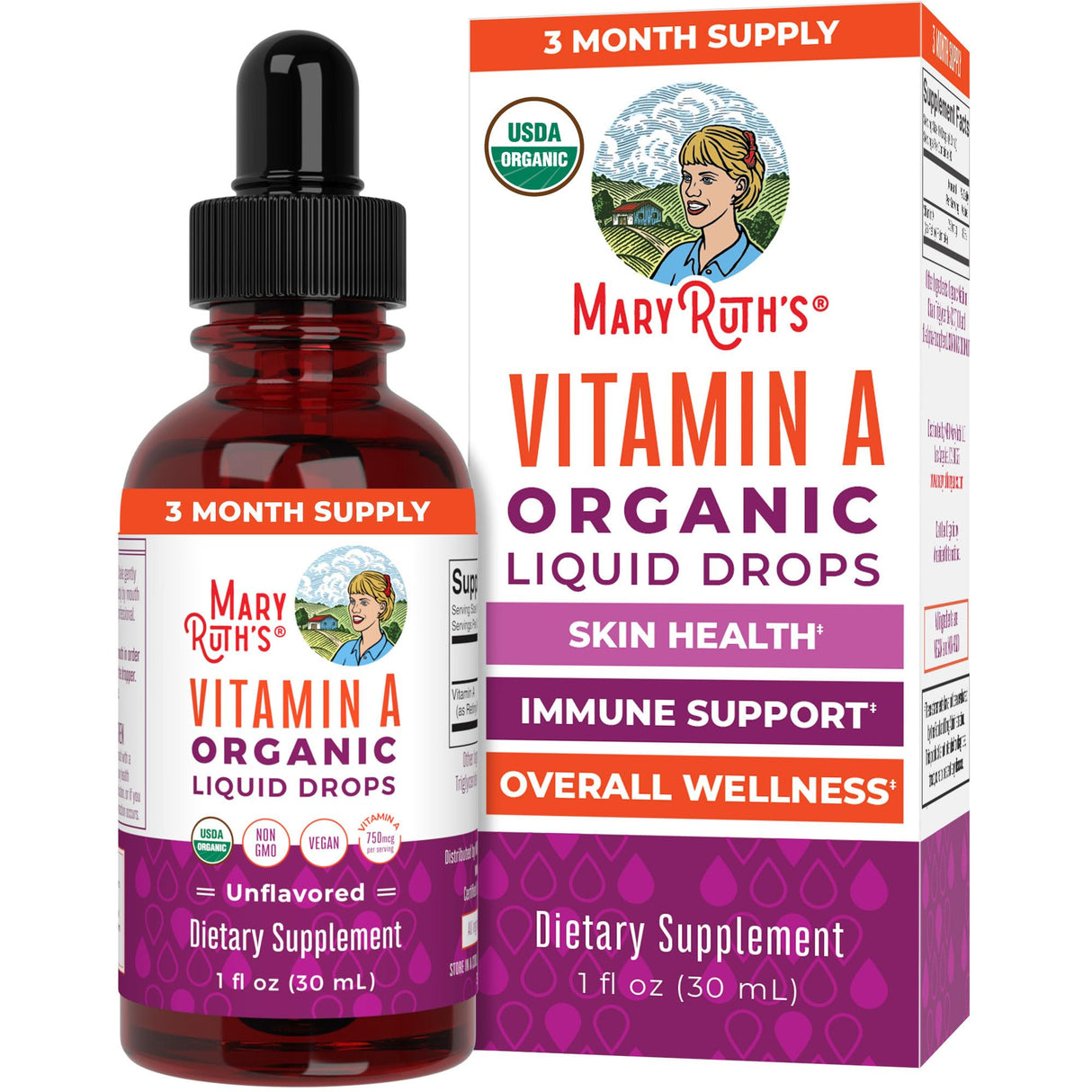 MaryRuth Organics USDA Organic Vitamin A Liquid Drops | 3 Month Supply | Immune Support, Eye Health, Skin Health for Ages 14+ | 750mcg per Serving | Sugar Free | Vegan | Non-GMO | Gluten Free | 1oz