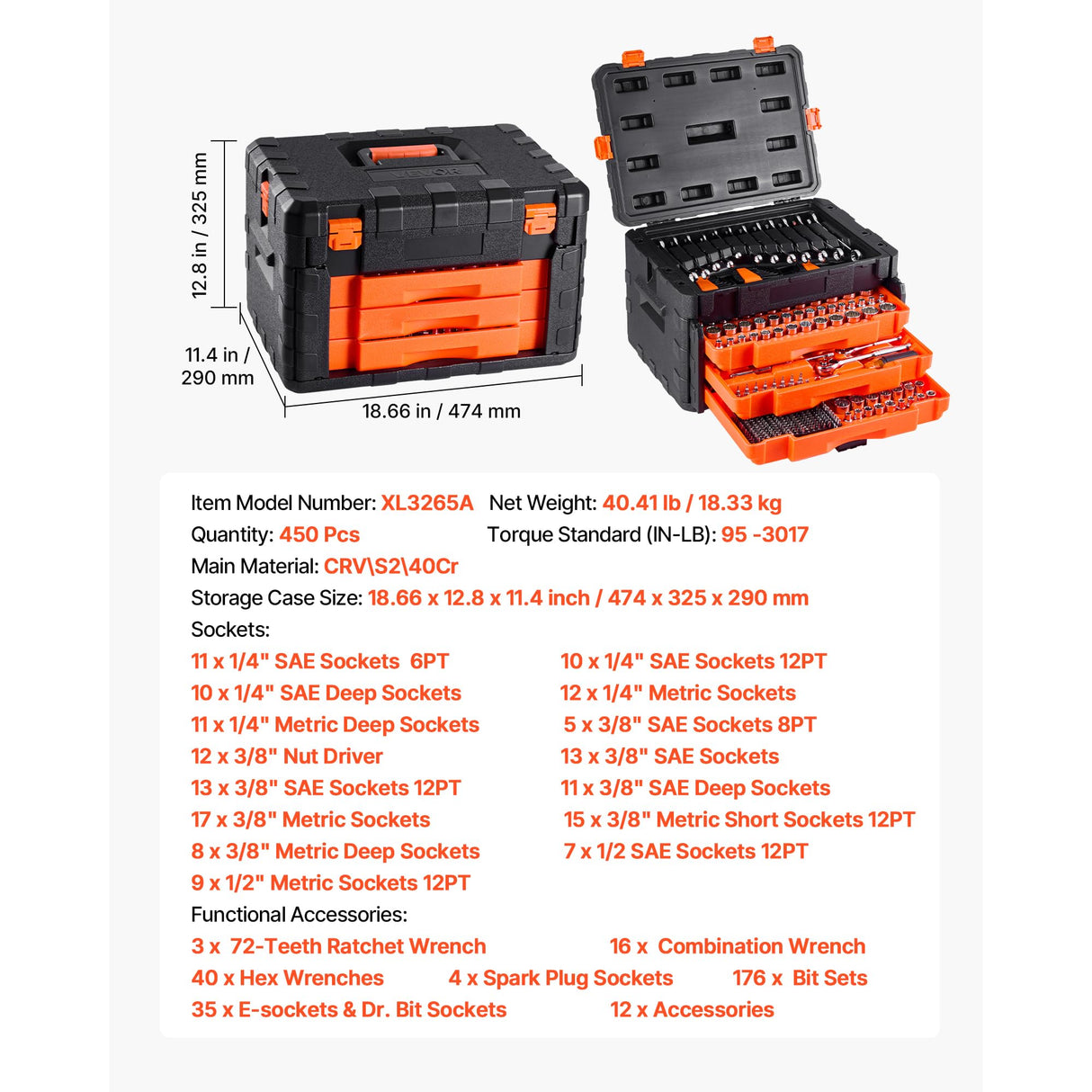 VEVOR Mechanics Tool Set and Socket Set, 450 Pcs, 1/4, 3/8 and 1/2 inch Drive Deep and Standard Sockets, SAE Metric Mechanic Tool Kit with Bits, Wrenches, Accessories, Storage Case with Orange Drawer