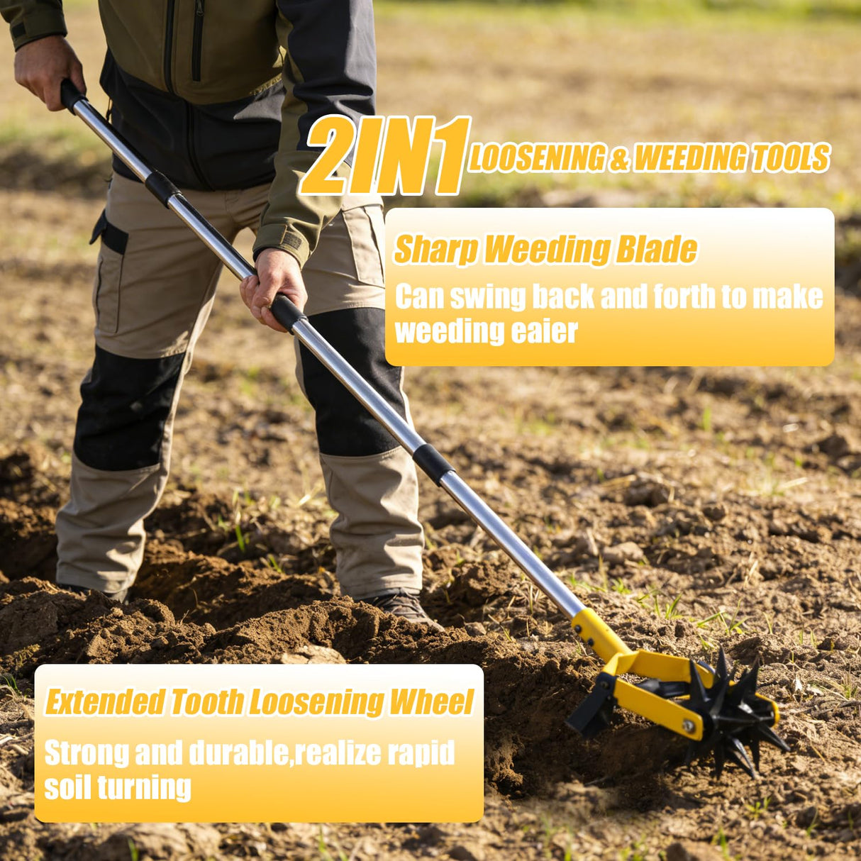 2-in-1 Garden Rotary Cultivator Tool Adjustable Handle Lawn Tools Hand Rotary Tiller for Loosening Soil and Lawn Care, Reseeding Grass, Weeder, Soil Mixing, Manual Yard Tiller