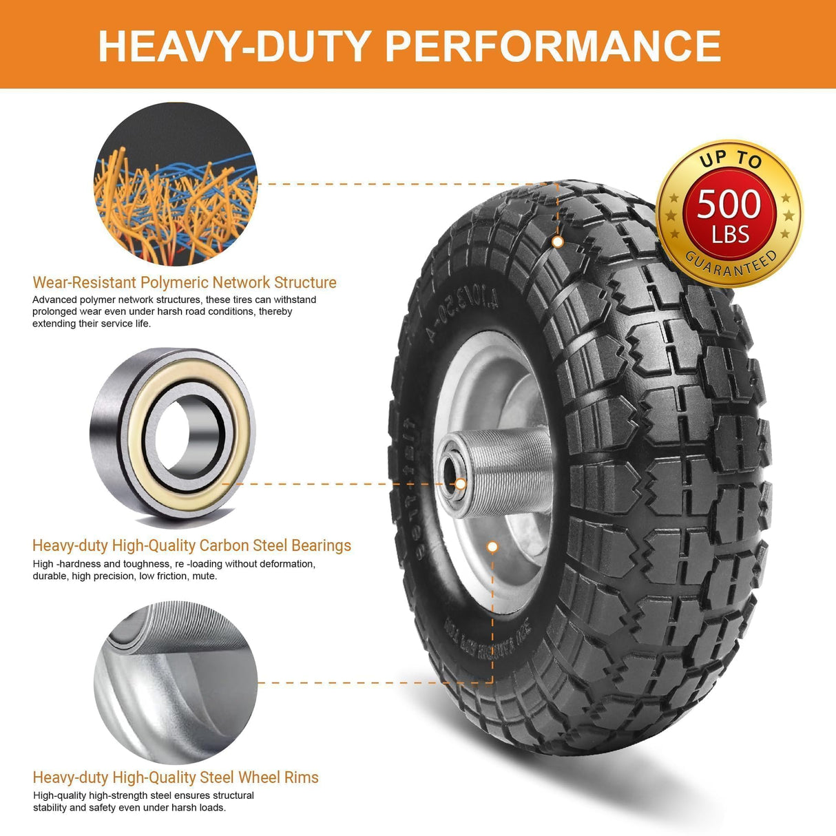 4.10/3.50-4 Tire and Dolly Wheel Flat Free - Solid Rubber Hand Truck Wheels 5/8" Axle - Gorilla Cart Tires Replacement for Garden, Wagon, Yard and Wheelbarrow (10 Inch 4 Pack)