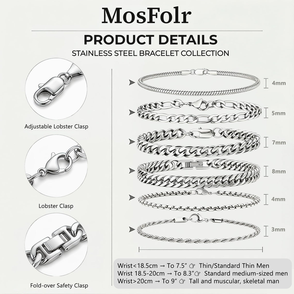 Mosflor 6 Pcs Silver Bracelets for Men, Cuban Link Chain Bracelet Stack Mens Stainless Steel Metal Rope Bracelet Set 8.3 Inches Mens Fashion Accessories Jewelry Non Tarnish for Men Dad Him Husband Son