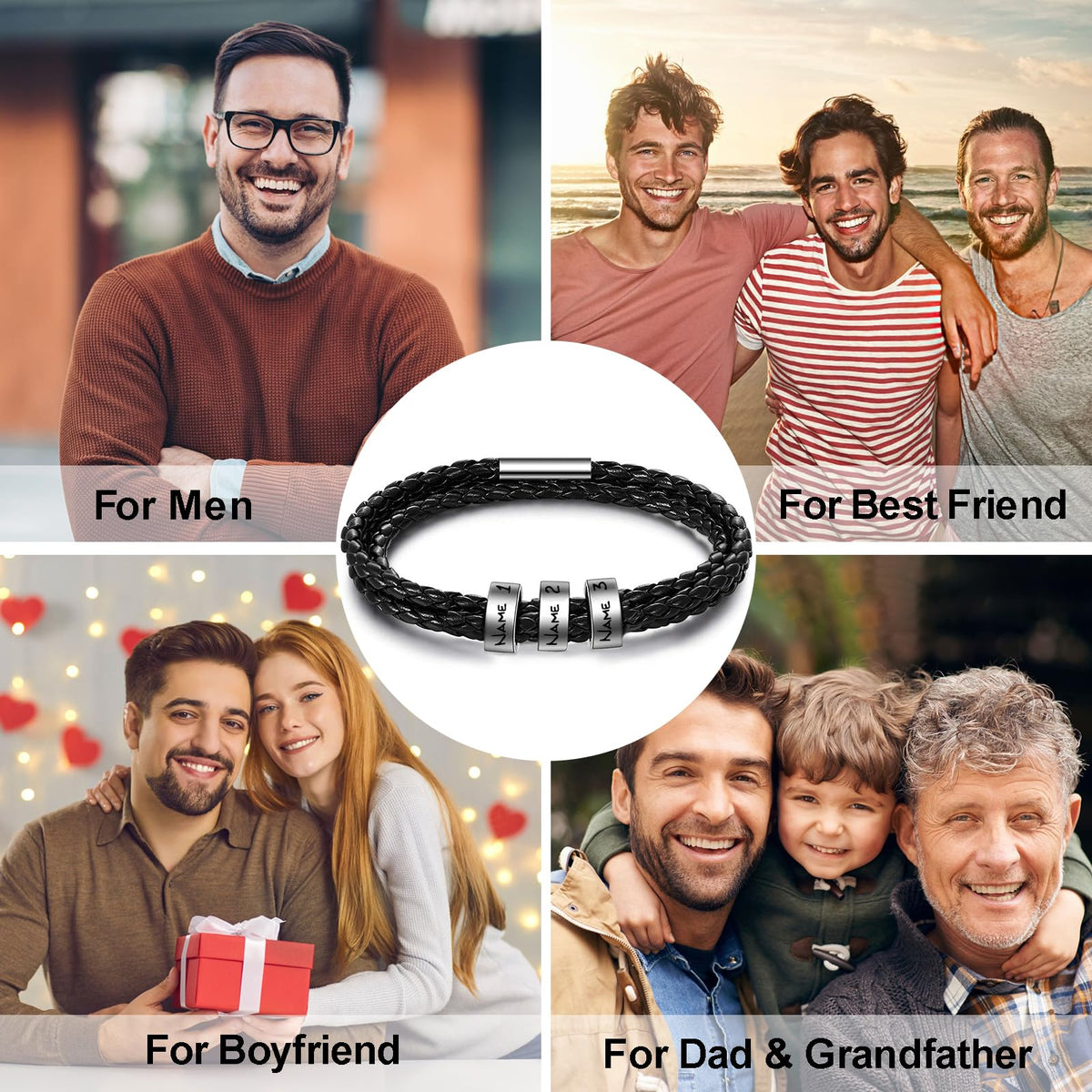 ShineSand Personalized Mens Leather Bracelet with Custom Beads, Customized Braid Leather Bracelet Engraved with Names for Men(Black, 5 Beads