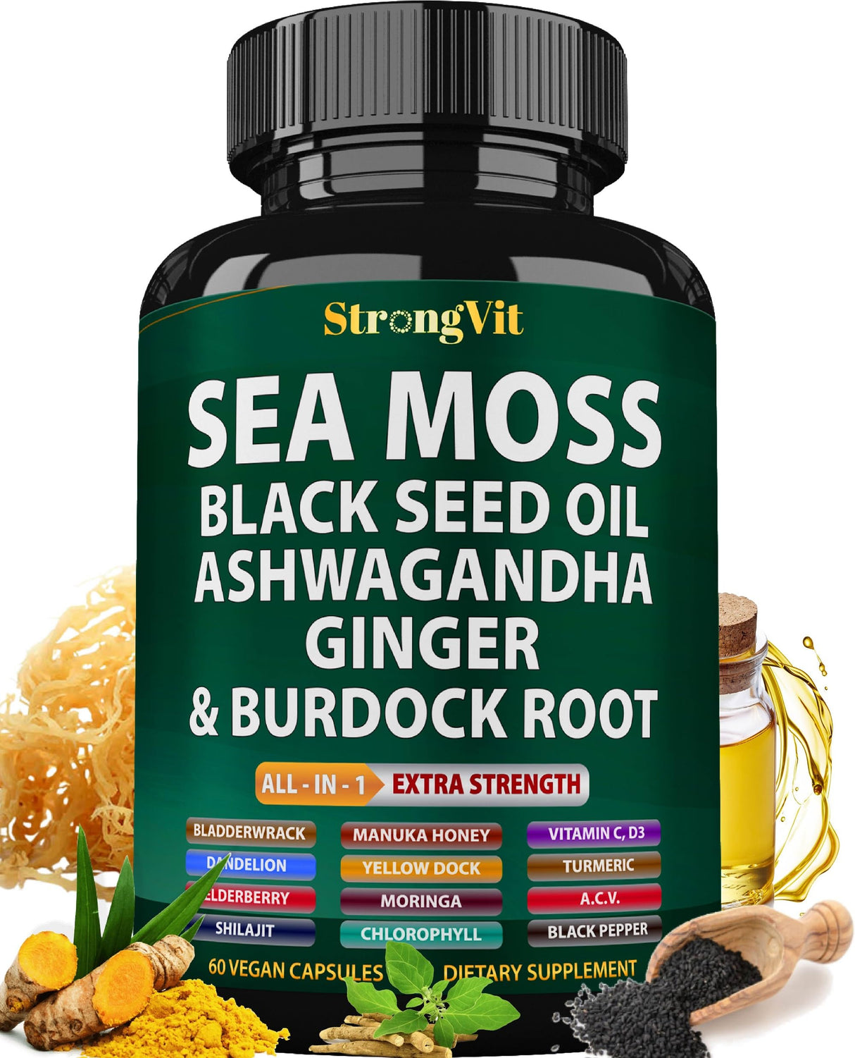 Sea Moss Black Seed Oil Ashwagandha Ginger, Organic Sea Moss Capsules with Burdock Root, Irish Seamoss Pills with Bladderwrack, Turmeric, Shilajit, Multimineral Supplement, USA (60 Capsules)