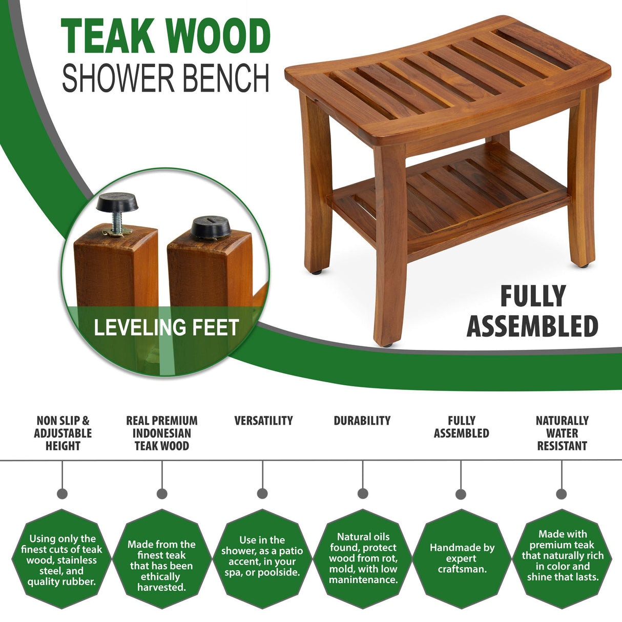 Teak Shower Bench 21 Inch, Fully Assembled Wood Bath Stool for Shower & Spa, The Hermod