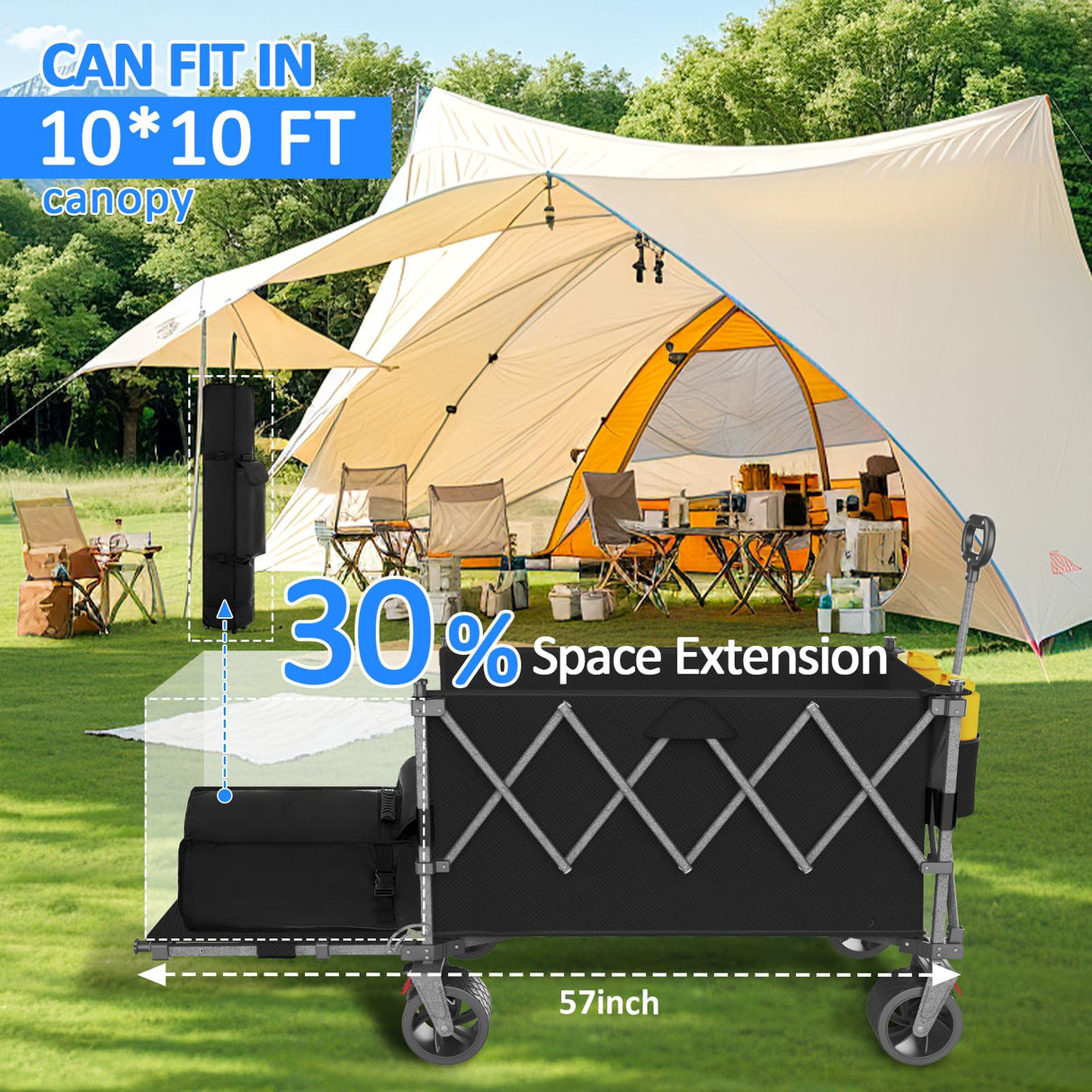 57" L Large Collapsible Foldable Wagon with Tailgate & Brake, 500LBS Heavy Duty Beach Wagons with All-Terrain Big Wheels, 300L Folding Utility Cart for Sand Garden Shopping Groceries Sports (Black)