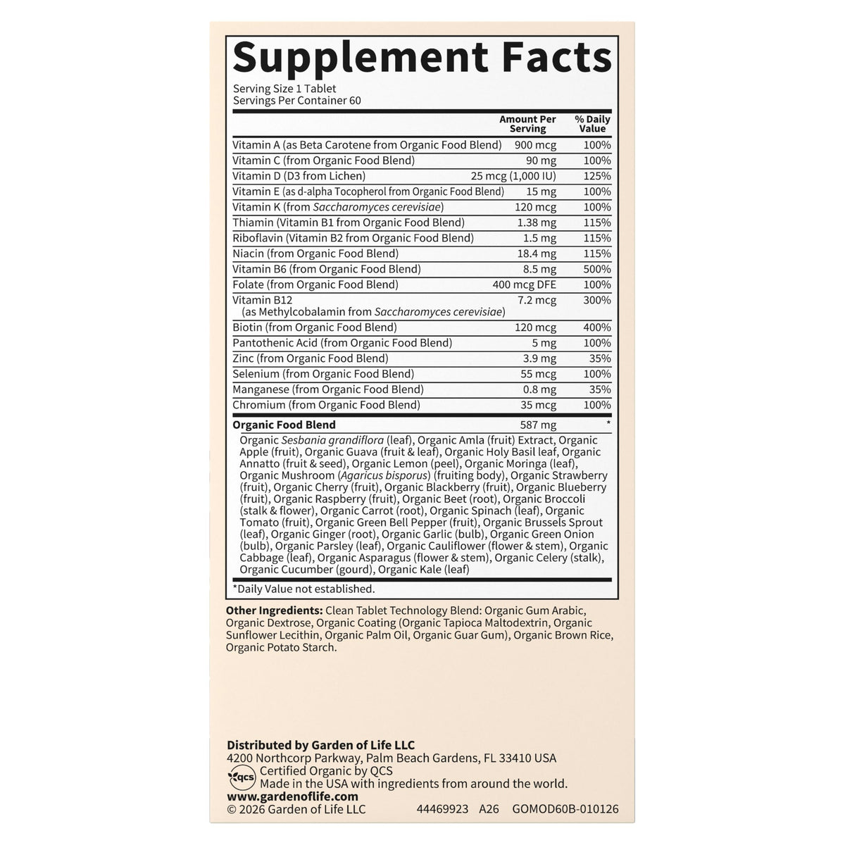 Garden of Life Organics Men's Once Daily Multivitamin, 60 Tablets