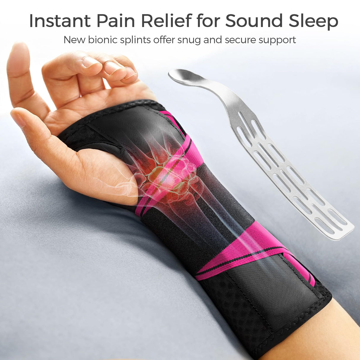 FREETOO Carpal Tunnel Wrist Brace Night Support Fit Right Hand for Work, Pain Relief Wrist Splint for Tendonitis, Sprain, Strain, Rigid Hand Brace for Arthritis for Women and Men (S/M, Black/Pink)