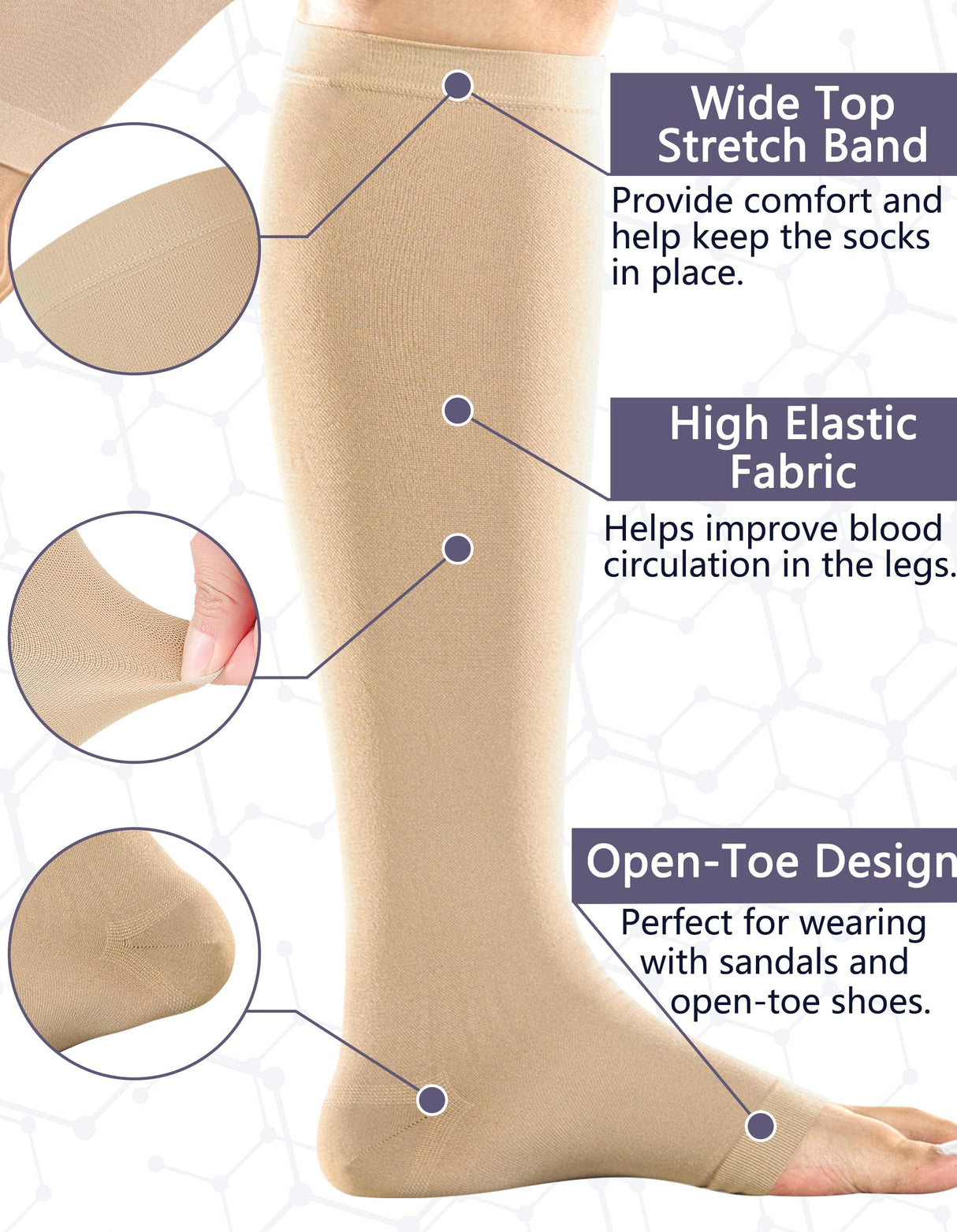 +MD 2 Pairs Compression Socks for Women & Men Medical Grade 20-30 mmHg, Open-Toe knee High Stocking, Support for edema, Varicose Veins, Nude, Large