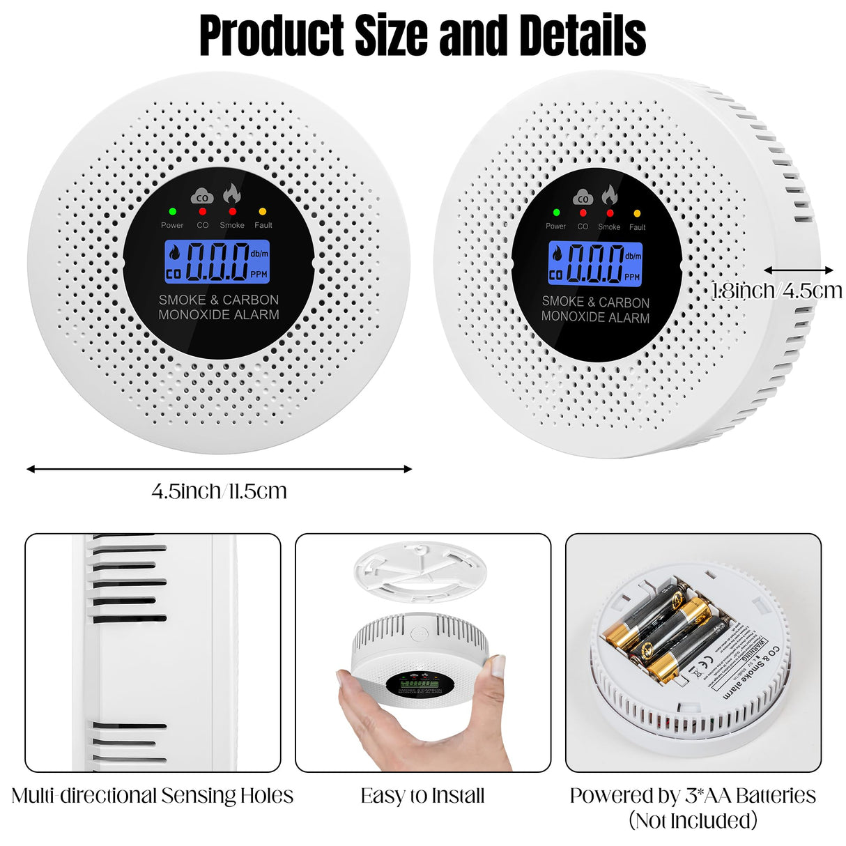 GQIRIL Smoke and Carbon Monoxide Detector - 2-in-1 Fire CO Smoke Alarm Detector Combo Battery Powered, Portable Dual Sensor Warning Light with Digital Display for Cars Kitchen Home Garage (No Battery)