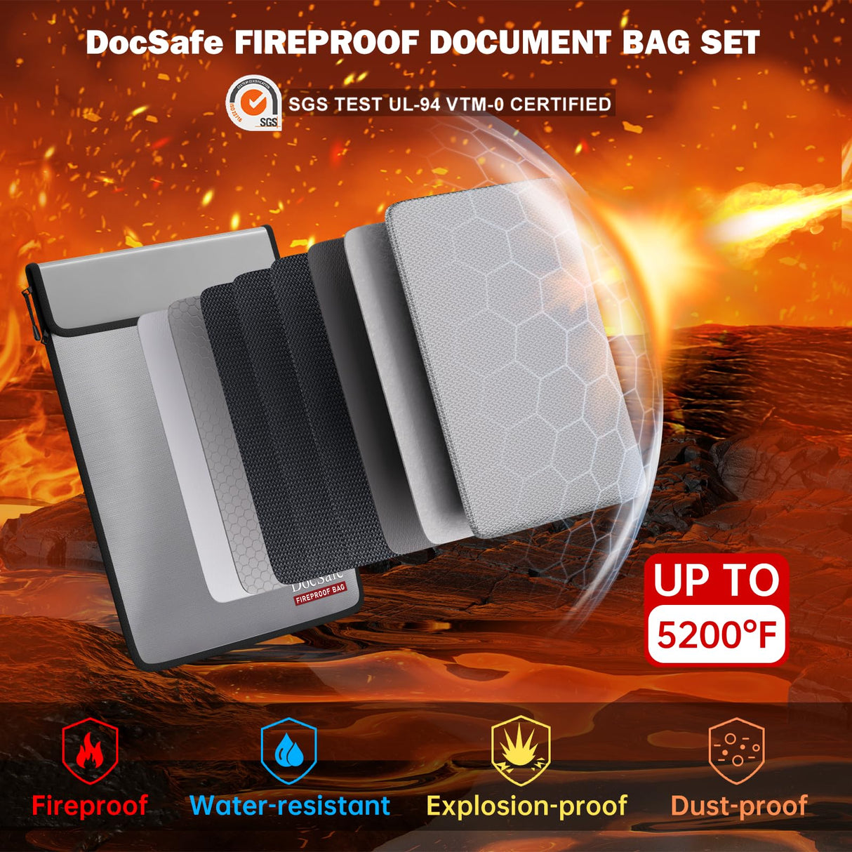 DocSafe Fireproof Document Bag (5200℉) with Fireproof Organizer Travel Case,Heat Insulated Fire&Water Resistant 8 Layers Safe Money Bag Storage for Important Documents,Cash,Power Bank,Valuables,Gray