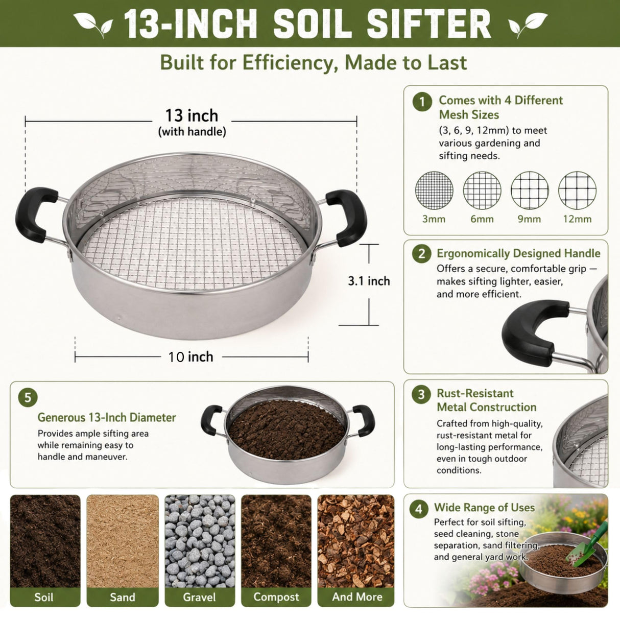 Multi-Purpose Soil Sifter with Handle | Includes 4 Changeable Screens | Ideal for Soil, Rock, Compost, and Debris Sifting