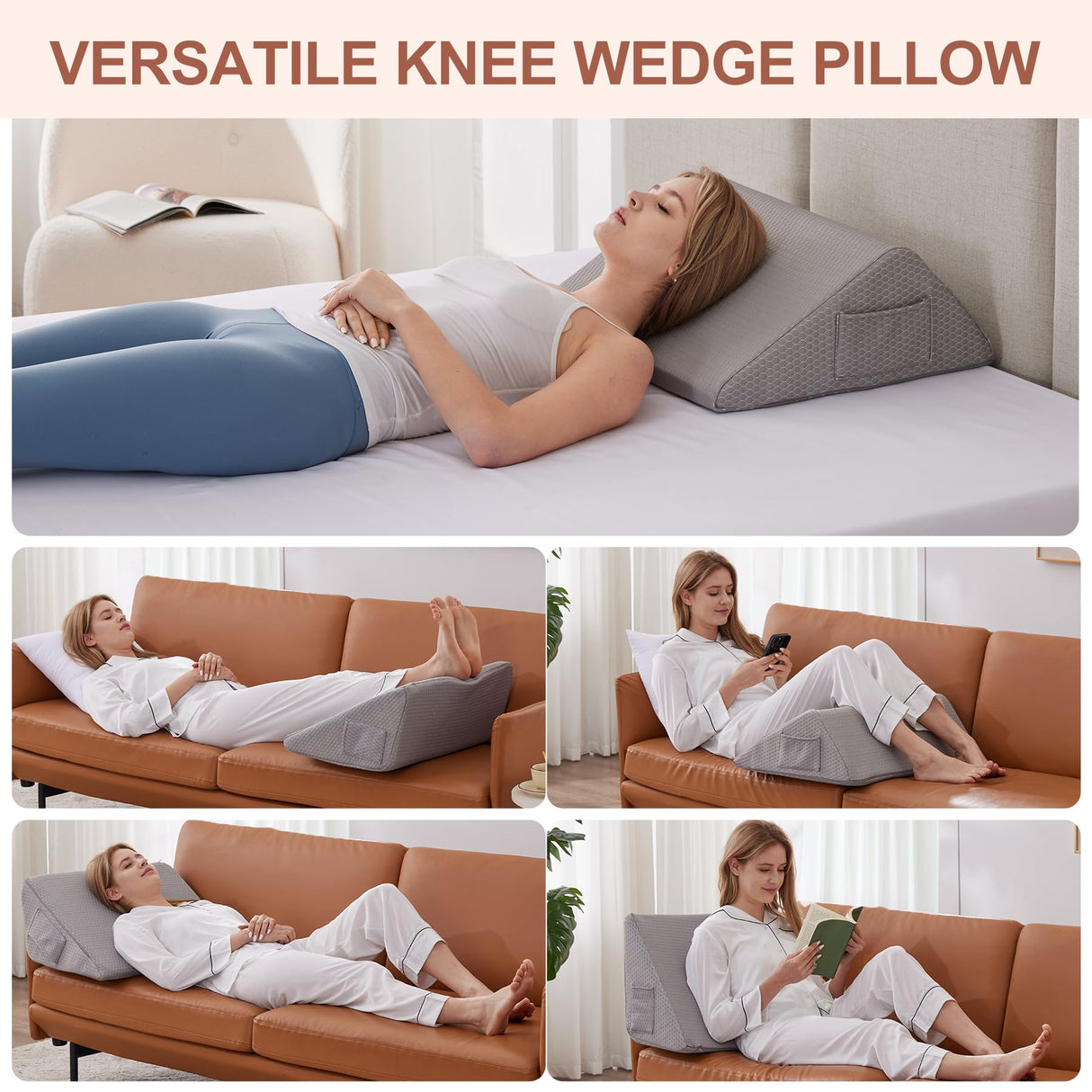 Bedluxe Knee Wedge Pillow, Memory Foam Leg Pillow Knee Pillow for Back Sleeping, Wedge Pillows for Legs Post Surgery, Triangle Pillow for Knee Support, Leg Elevation, Knees Hip Back Pain Relief, Grey