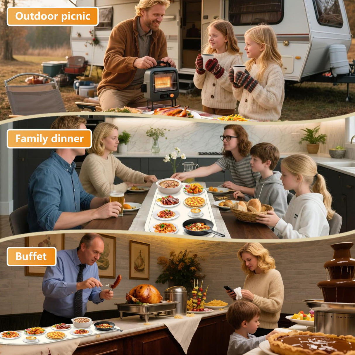 WOKALON Warming Mat for Food Extra Large,(24”x16”), Food Warmers for Parties Buffet and Home Daily Use,Roll Up Food Warmers (Beige)
