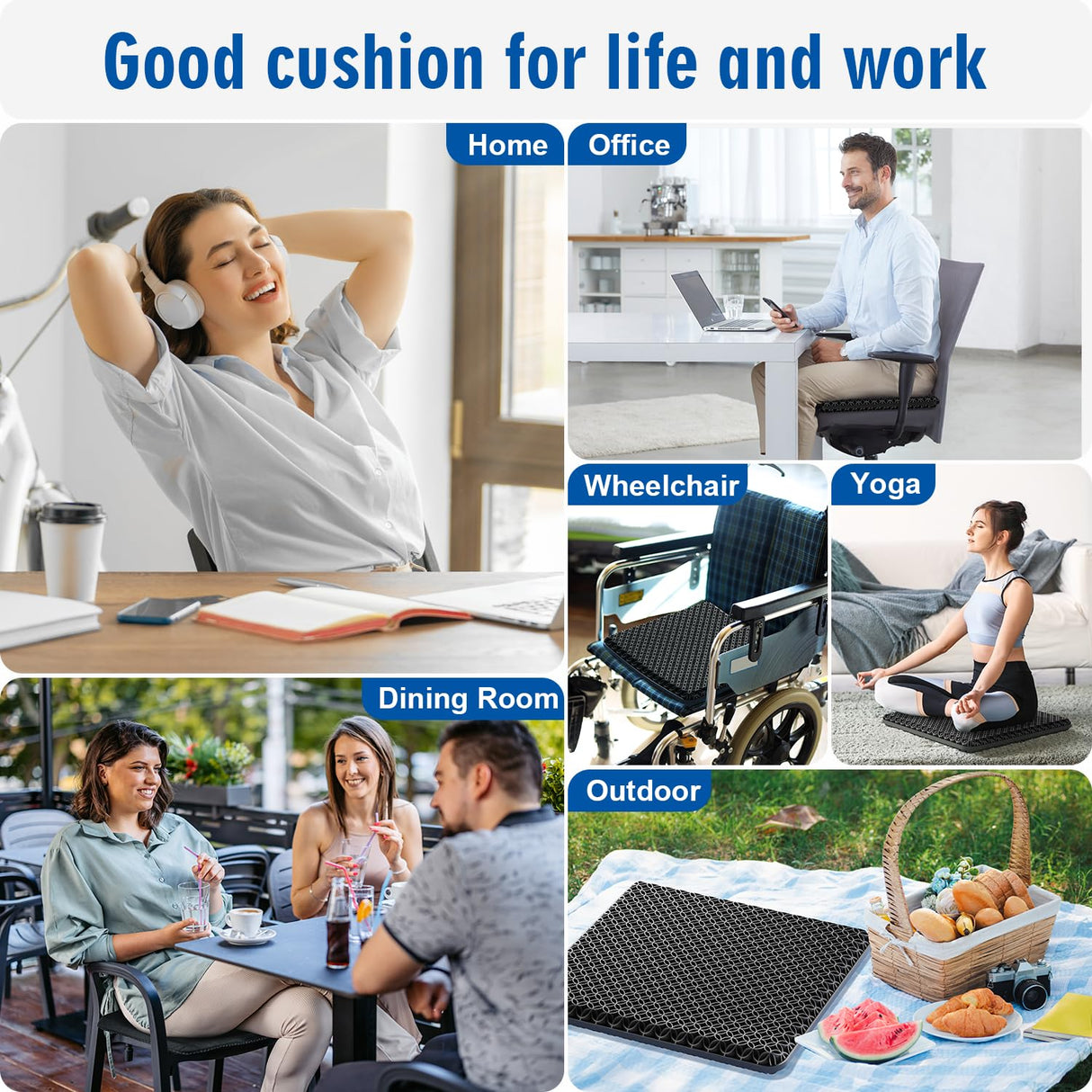 Seat Cushion, Gel Seat Cushion, Breathable Cool Suitable as Office Chair Cushion, Car Seat Cushion, Wheelchair Cushion, Large Size, Strong Support, Relieve Sciatica and Backache, 2 Anti-Slip Covers