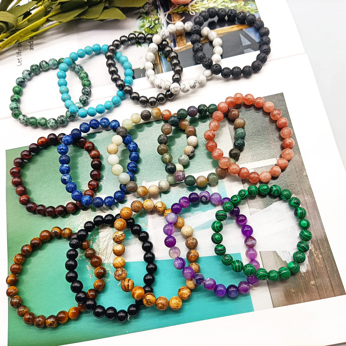 SONNYX 15 PCS 8mm Gorgeous Semi-Precious Gemstones Bracelets Unisex