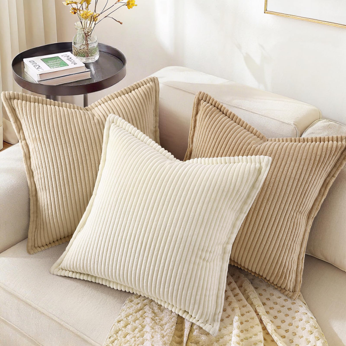 decorUhome Christmas Corduroy Cream White Throw Pillow Covers 22x22 Set of 2 Decorative Soft Boho Farmhouse Euro Couch Pillow Covers for Living Room Bed Sofa Broadside Striped Pillow Cases