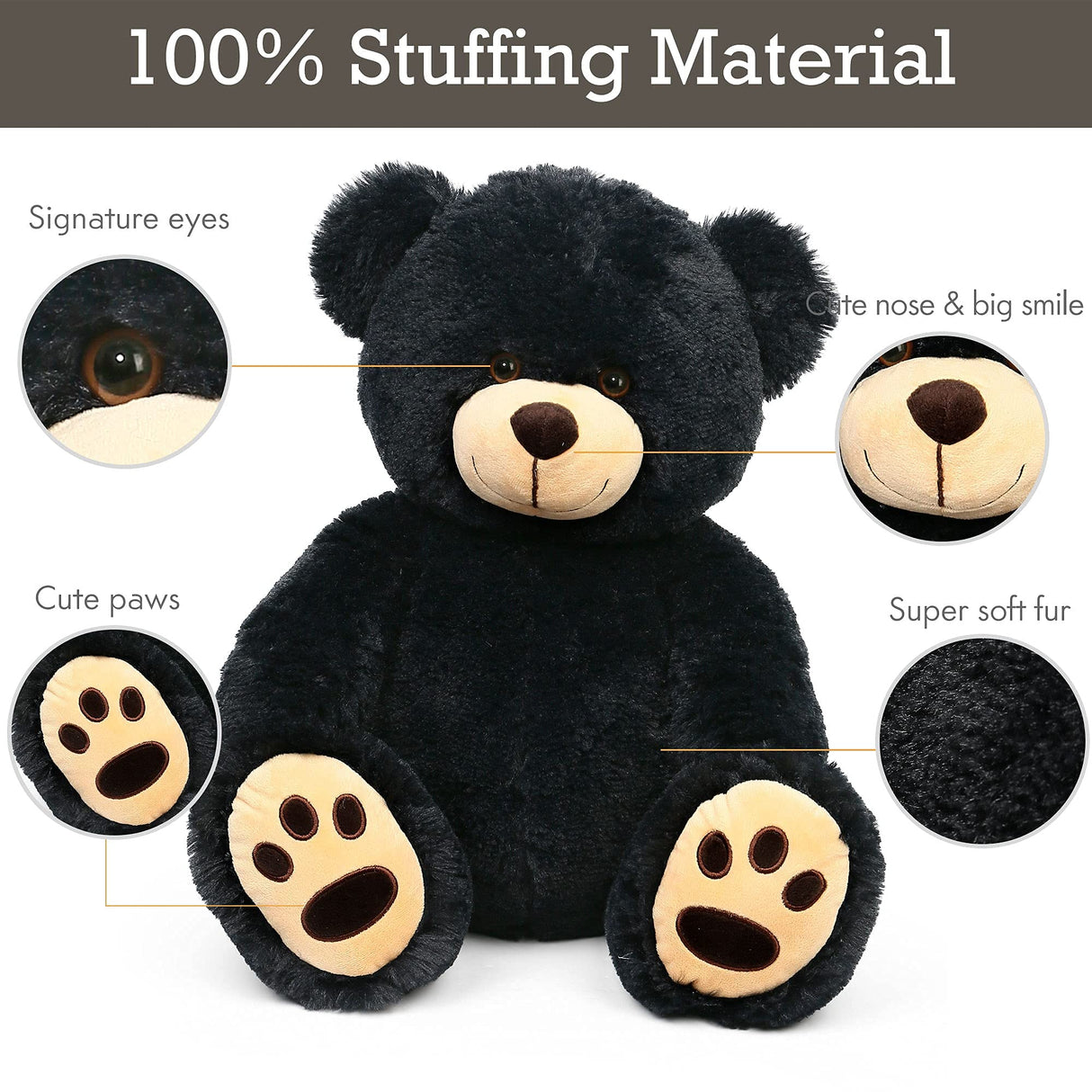 LotFancy Teddy Bear Stuffed Animals, 20 inch Soft Cuddly Plush Black Bear, Cute Toy with Footprints, Gift for Kids Baby Toddlers on Baby Shower, Birthday, Christmas, Easter Decoration