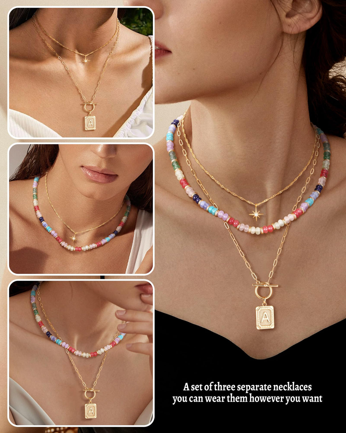 MJartoria Layered Initial Necklaces for Women Trendy, 14K Gold Plated Simple Star Choker Square Letter Pendant Necklace, Colorful Beaded Necklace, Gold Necklaces Jewelry Gifts (K, Gold Plated)