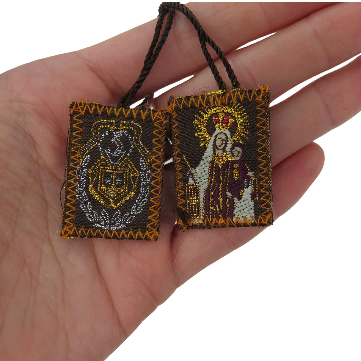 Needzo Bulk Carmen and Sacred Heart Scapulars Catholic, Embroidered Brown Scapular for Women, 12 Pack