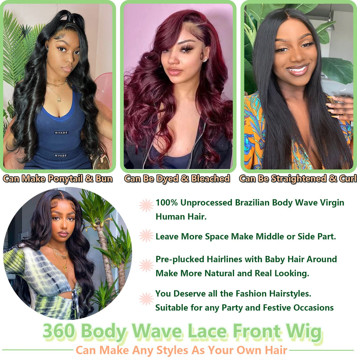 360 Body Wave Lace Front Wigs Human Hair Pre Plucked 180% Density Full Lace Human Hair Wigs Brazilian Virgin Body HD Human Hair Lace Front Wigs for Women Natural Color 22Inch
