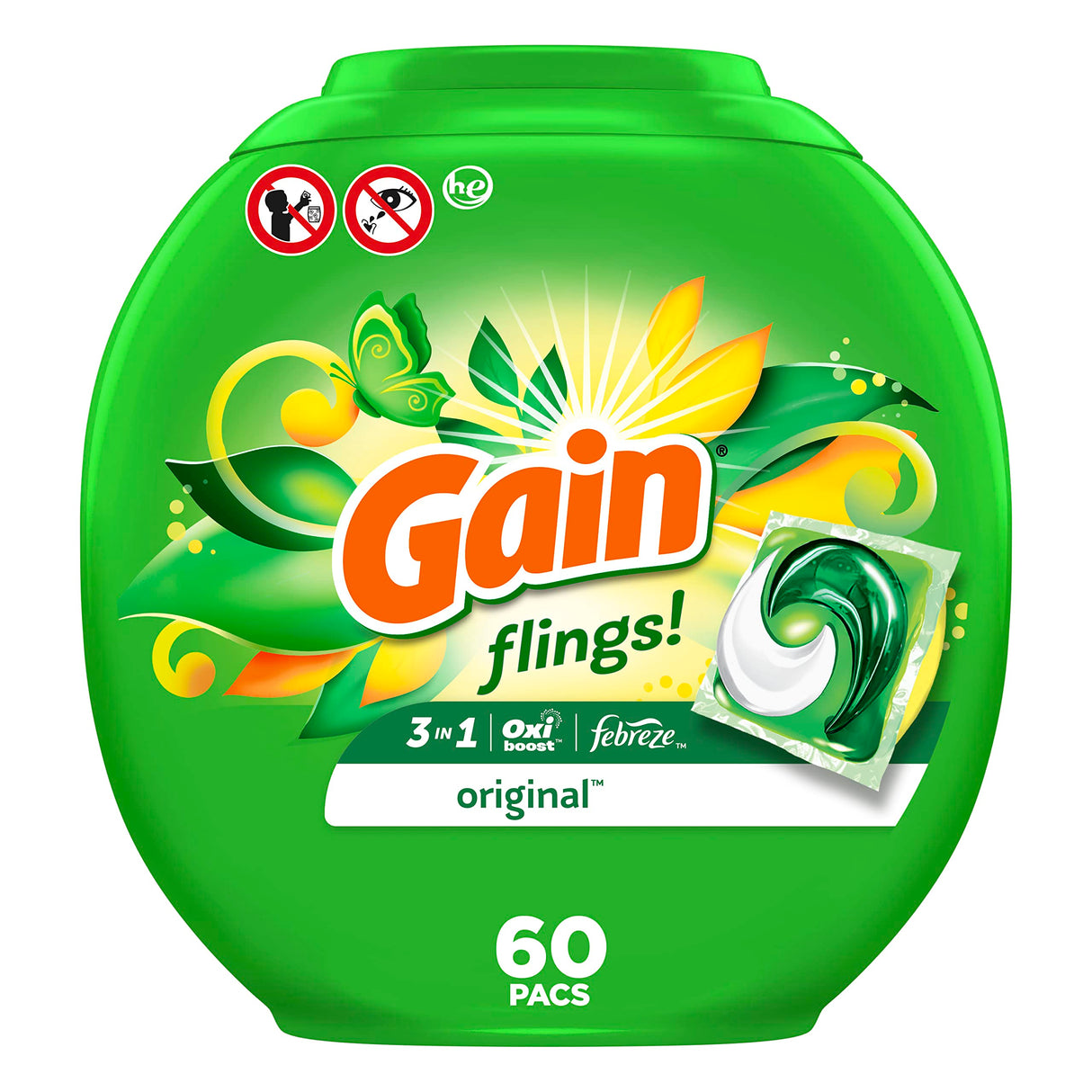 Gain flings! Laundry Detergent Soap Pacs HE Compatible 60 ct Long Lasting Scent Original Scent