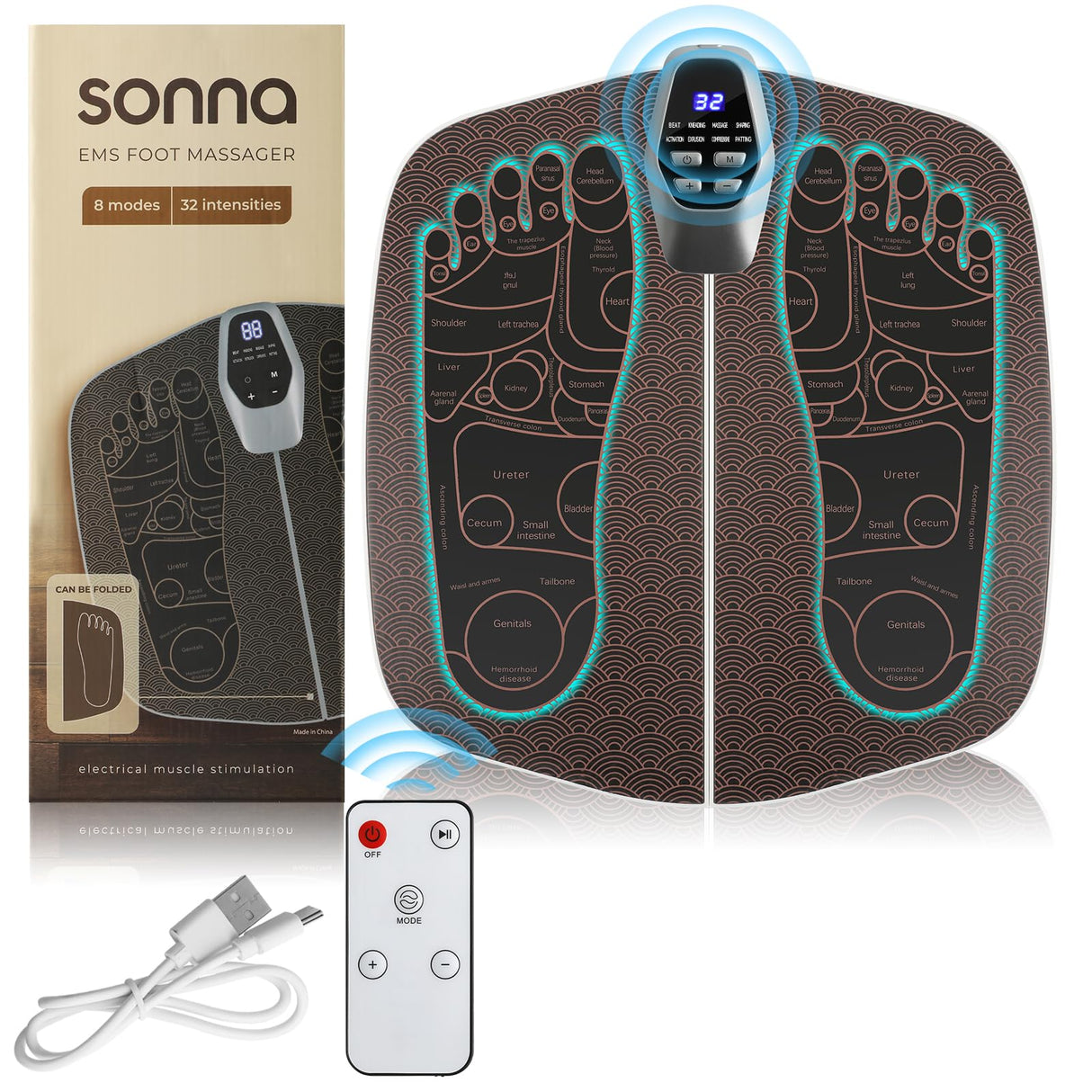 Foot Massager Mat for Neuropathy,EMS Foot Massager for Circulation and Pain Relief, Foldable Feet and Calves Massage Machine with 8 Modes and 32 Intensity Levels for Muscle Relaxation,FSA HSA Eligible