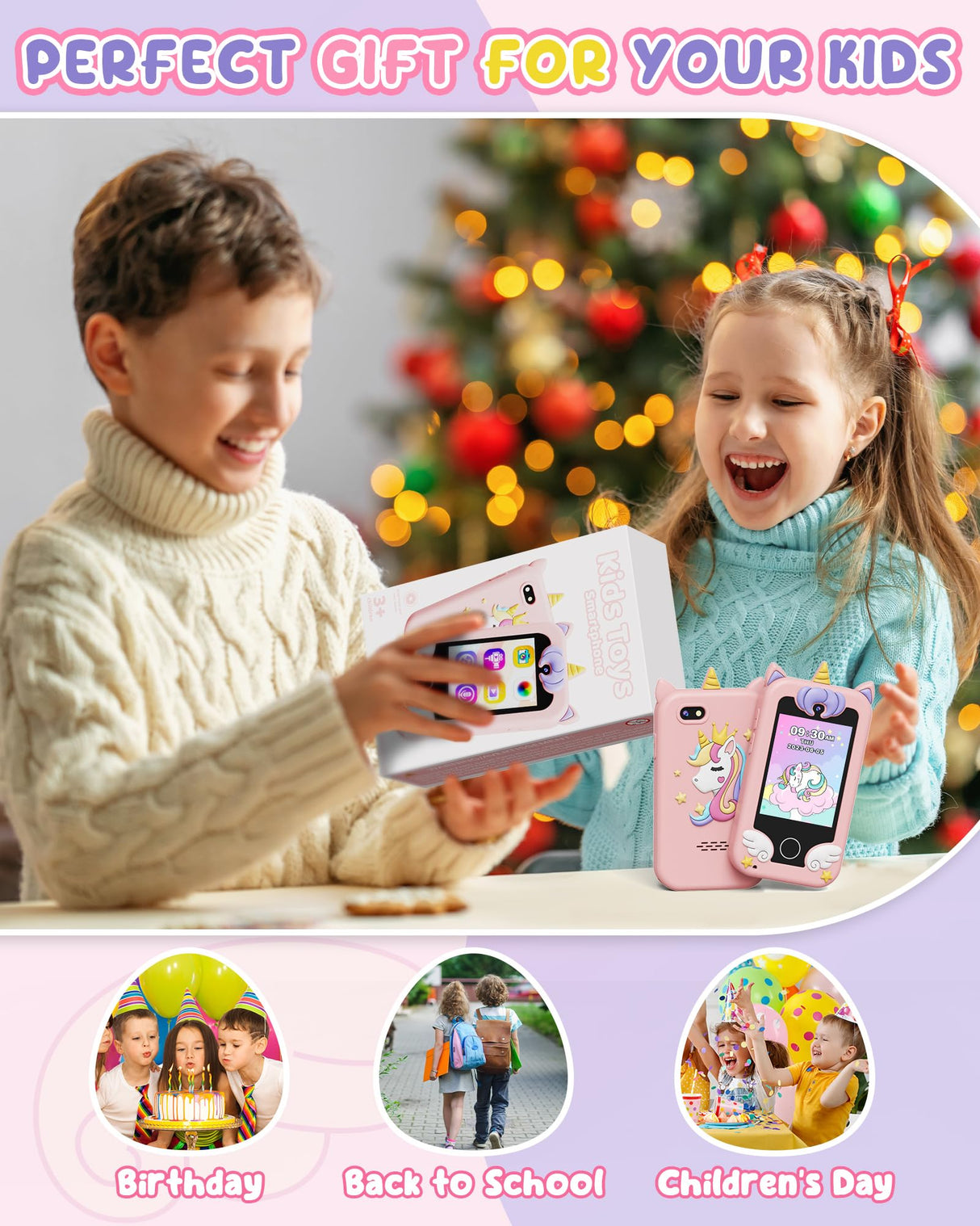 UCIDCI Unicorn Kids Smart Phone Toys for Girls Ages 3-7 with Dual Camera - Toddler Phone with Learning Games, Travel Toys with MP3 Music Player for Christmas, Birthday Gifts for 3 4 5 6 7 Year Old