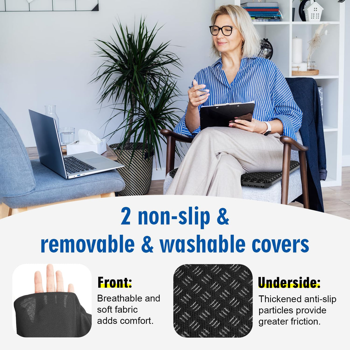 Seat Cushion, Gel Seat Cushion, Breathable Cool Suitable as Office Chair Cushion, Car Seat Cushion, Wheelchair Cushion, Large Size, Strong Support, Relieve Sciatica and Backache, 2 Anti-Slip Covers