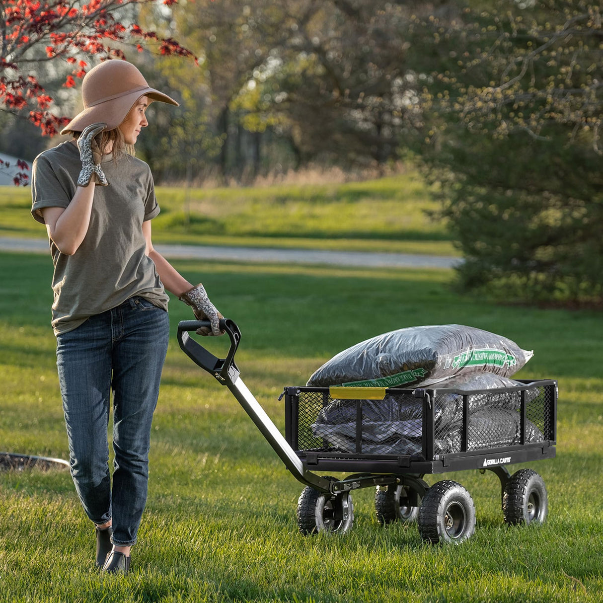 Gorilla Carts Steel Utility Cart, 4 Cu Ft Bed, 900 lb Load Capacity, Black – Towable Heavy-Duty Outdoor Hauling Wagon with Removable Side Panels for Yard, Lawn, Garden or Landscaping