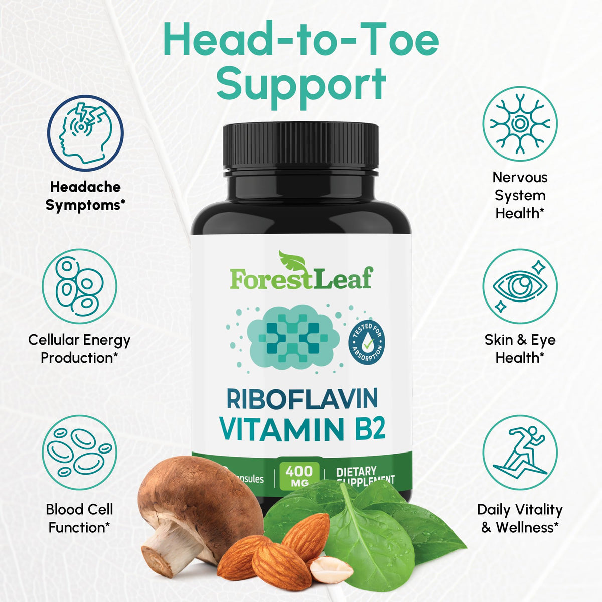 ForestLeaf Vitamin B2 Riboflavin 400mg, 90 Vegetarian Capsules