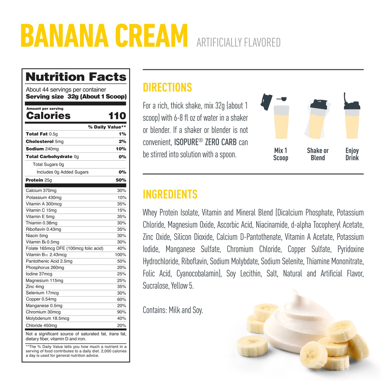 Isopure Zero Carb 100% Pure Whey Isolate Protein Powder, Lactose Free, Gluten Free, With Vitamins, Banana Cream, 25g Protein Per Serving, 3 Lbs, 44 Servings (Packaging May Vary)