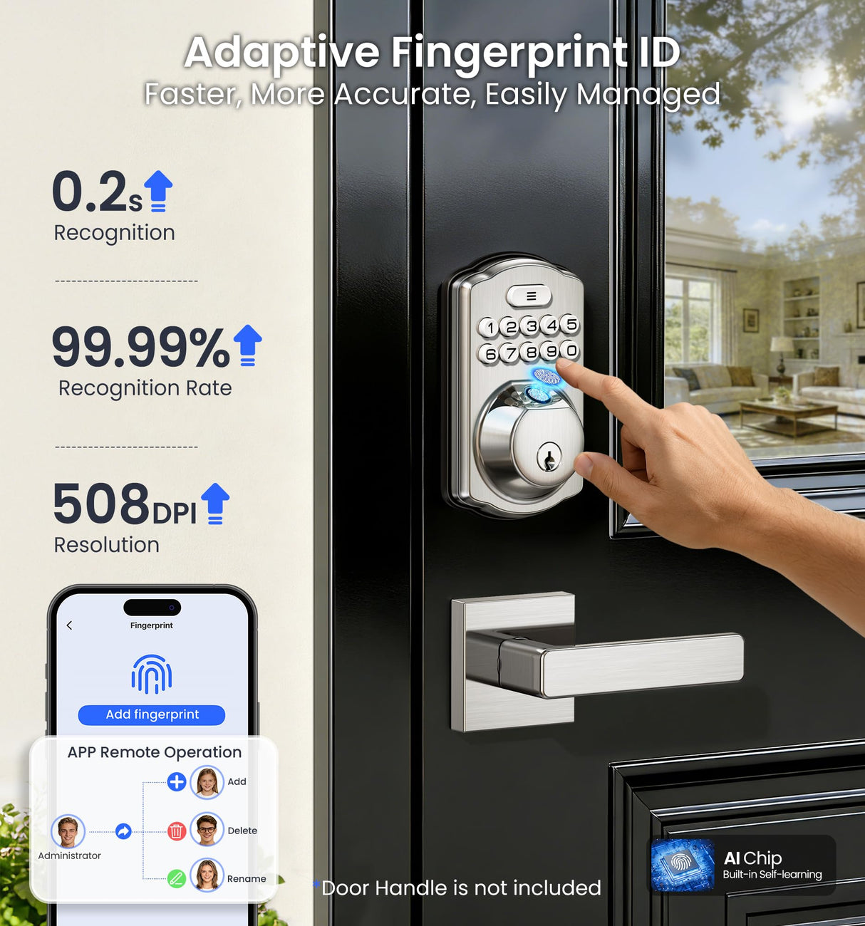 Veise VE012W Built-in WiFi Fingerprint Smart Lock, App Remote Control, Compatible with Alexa & Google Assistant, Keyless Entry for Front Door, Digital Keypad Deadbolt, Auto Lock, Satin Nickel