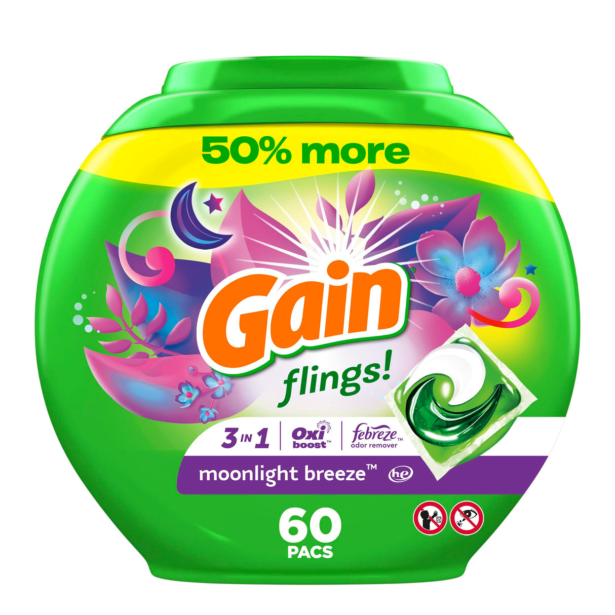 Gain flings! Laundry Detergent Soap Pacs HE Compatible 60 ct Long Lasting Scent Moonlight Breeze