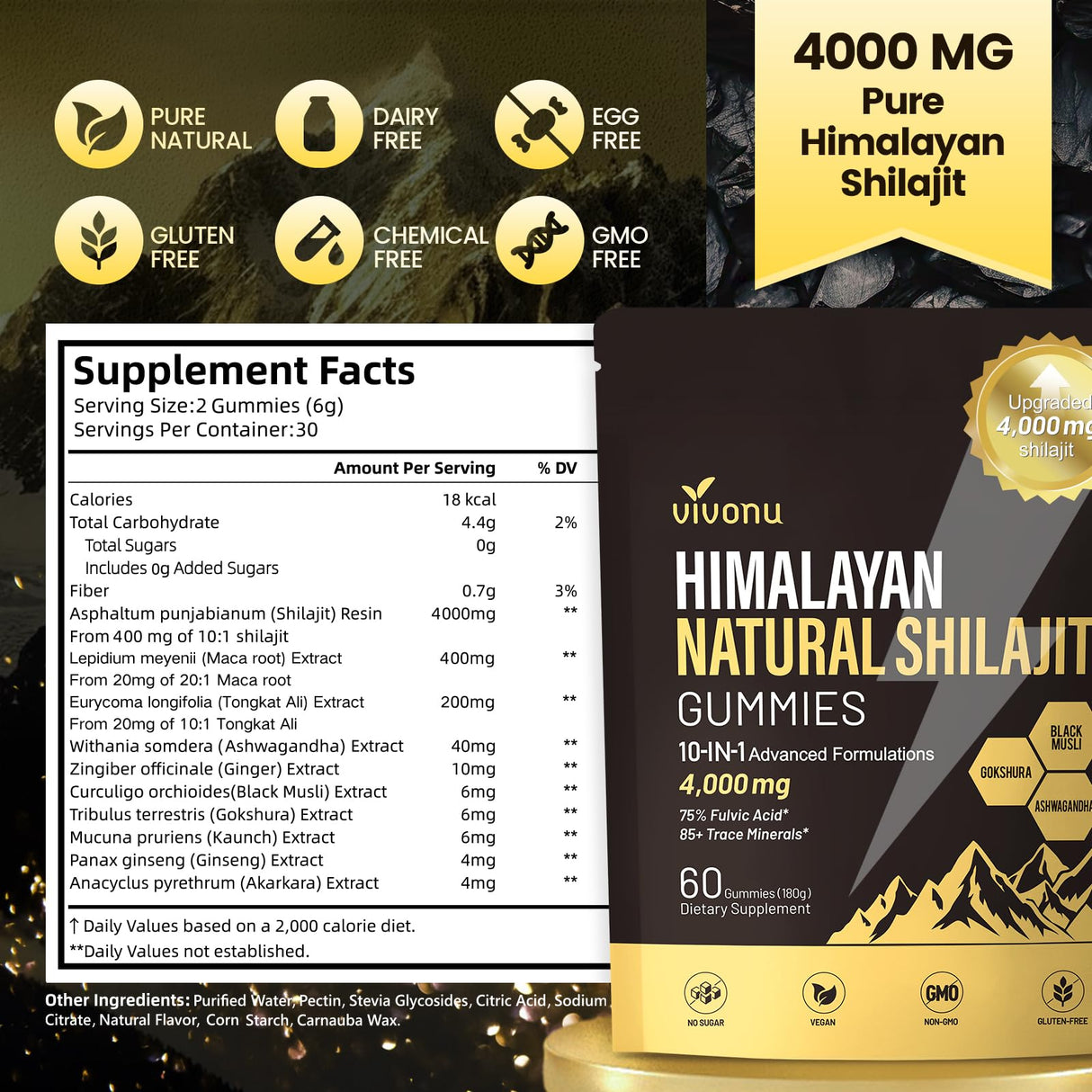 Formula with Pure Himalayan Shilajit, Ashwagandha, and 75% Fulvic Acid | Sugar-Free Vegan, 85+ Trace Minerals