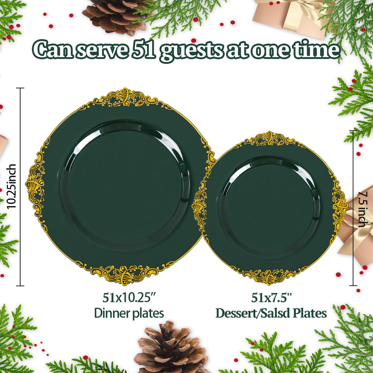 Joyido 102PCS Green and Gold Plates - Green Plastic Plate - Fancy Heavy Duty Disposable Plates - Heavyweight Disposable Dinner & Dessert Plate for 51 Guests for Party & Christmas