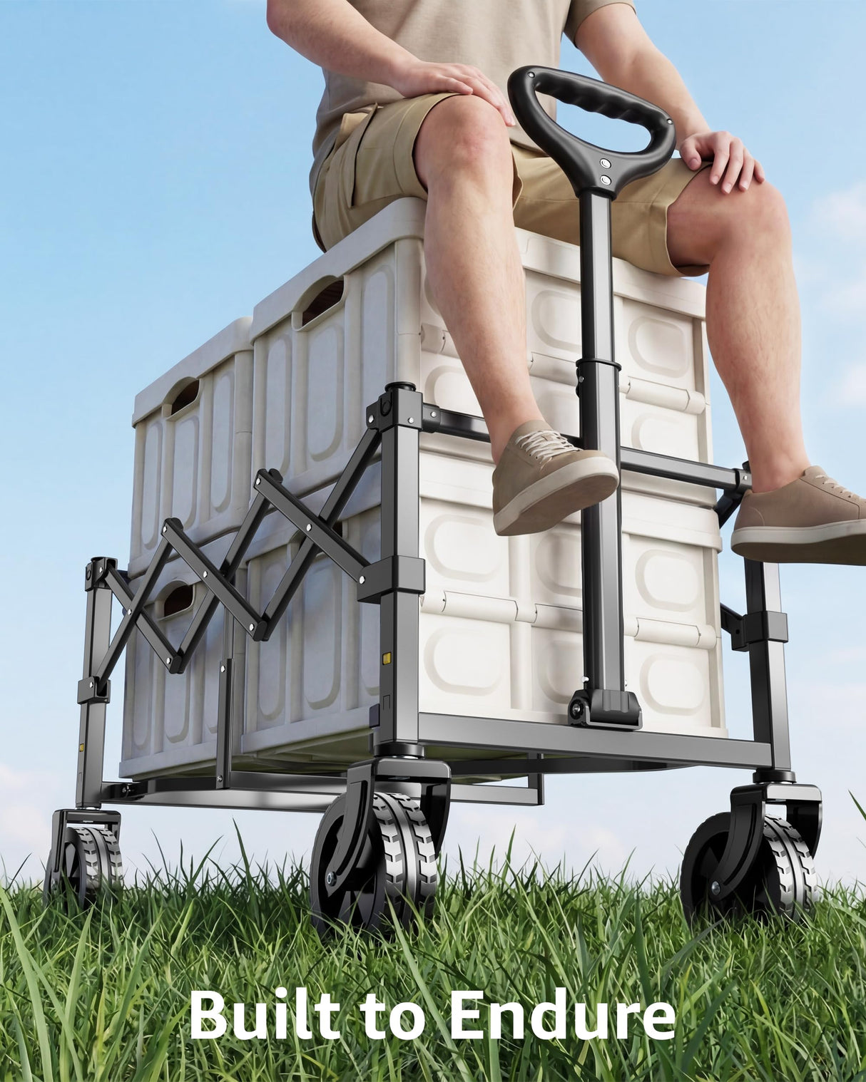 MEUIS Collapsible Wagon Cart with Wheels - 250LBS Heavy Duty Folding Wagon for Groceries Shopping Outdoor Apartment Portable Foldable Utility Grocery Trolley, Black, L