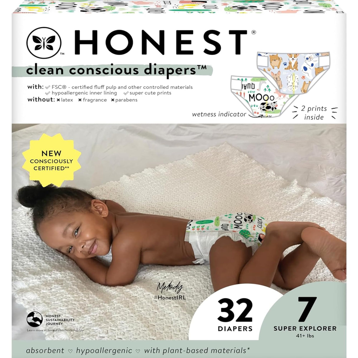 The Honest Company Clean Conscious Diapers for Sensitive Skin | Hypoallergenic, Fragrance Free | Gender Neutral Prints | Super Club Box, Size 3 (16-28 lbs), 120 Count (Prints May Temporarily Vary)