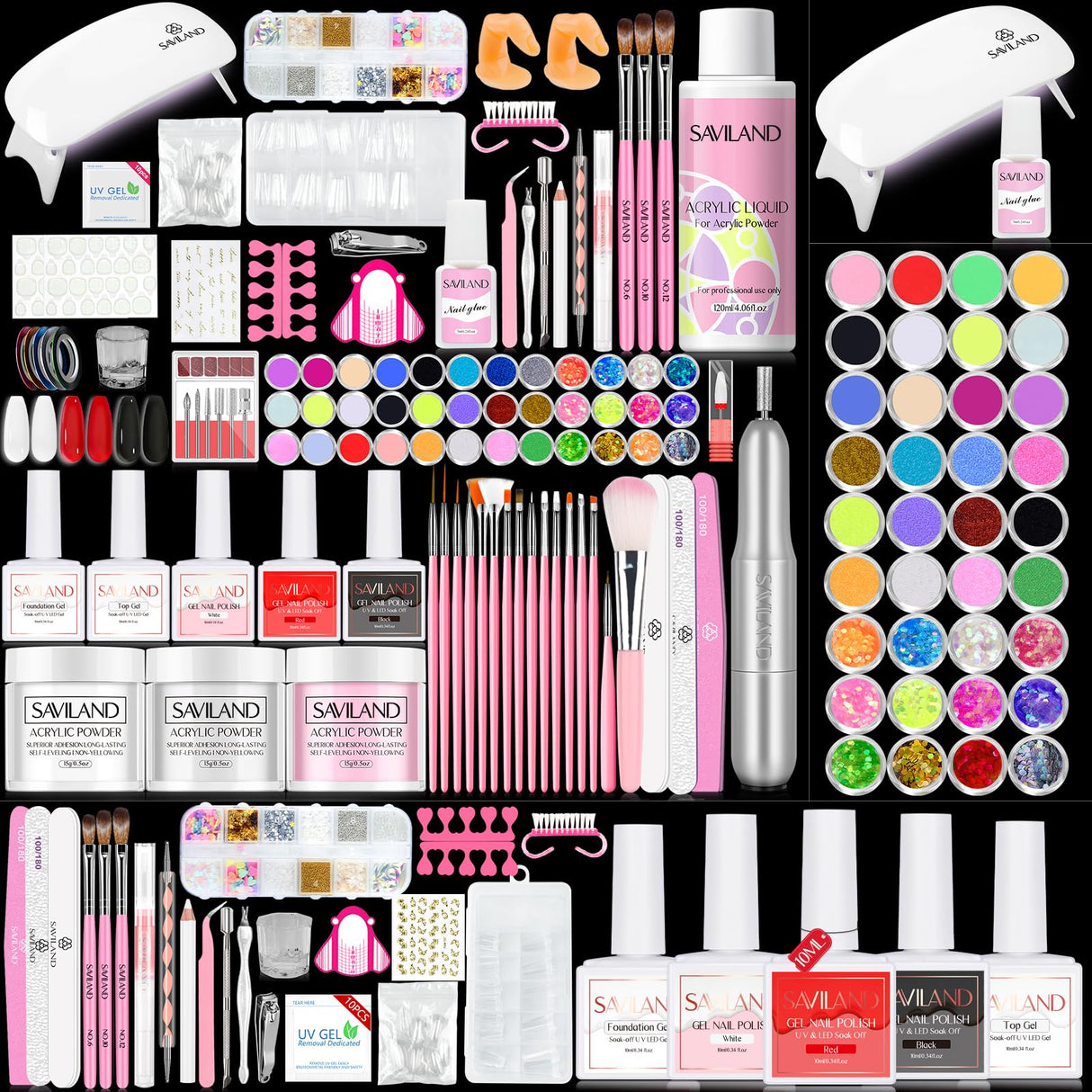 SAVILAND Acrylic Nail Kit with U V Light – Acrylic Nail Set Christmas Gift Set with Acrylic Powder and Liquid Set Acrylic Nail Brush Practice Finger Portable Nail Drill for Nails Kit Set for Home DIY