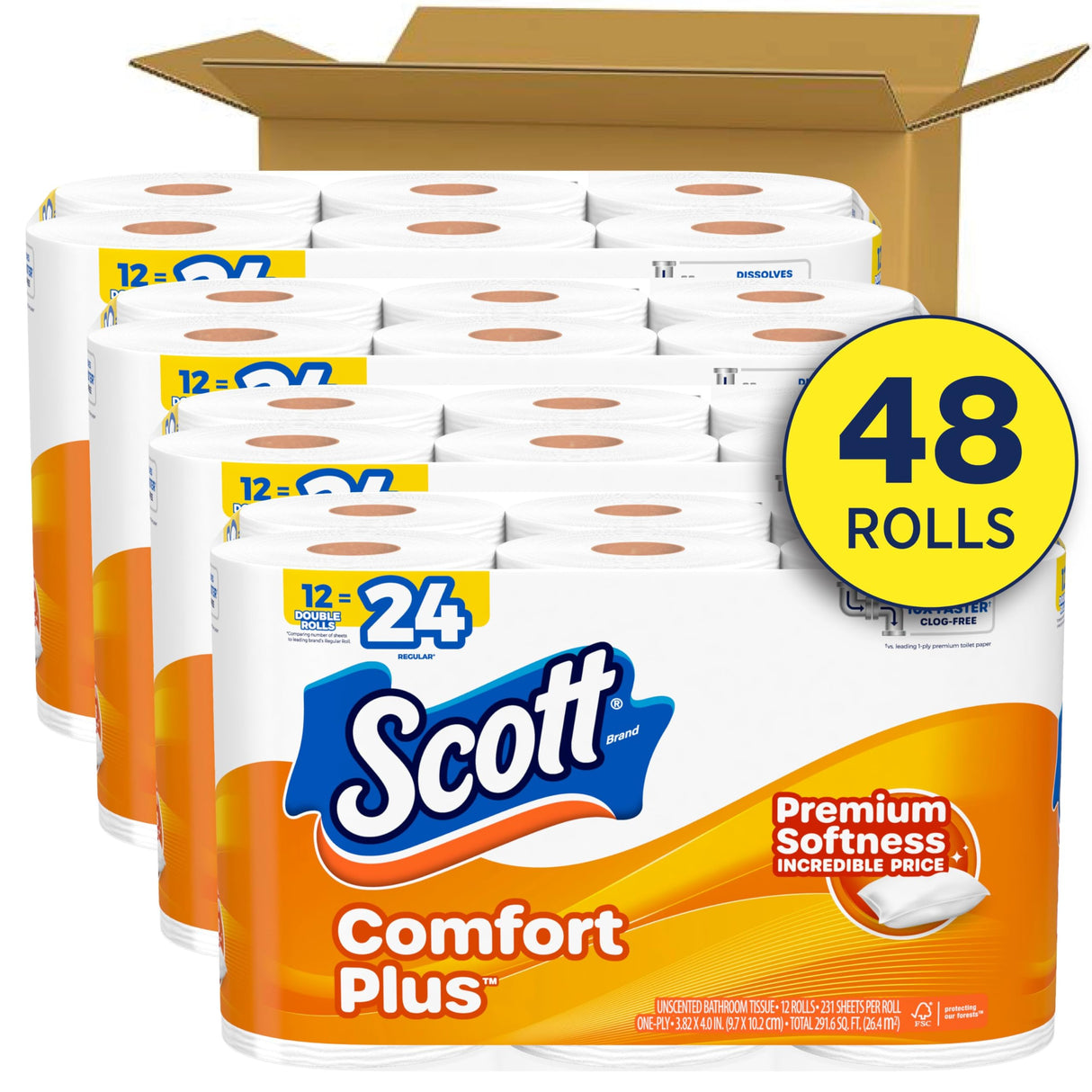 Scott ComfortPlus Toilet Paper, 48 Double Rolls, 231 Sheets per Roll, Septic-Safe, 1-Ply Toilet Tissue