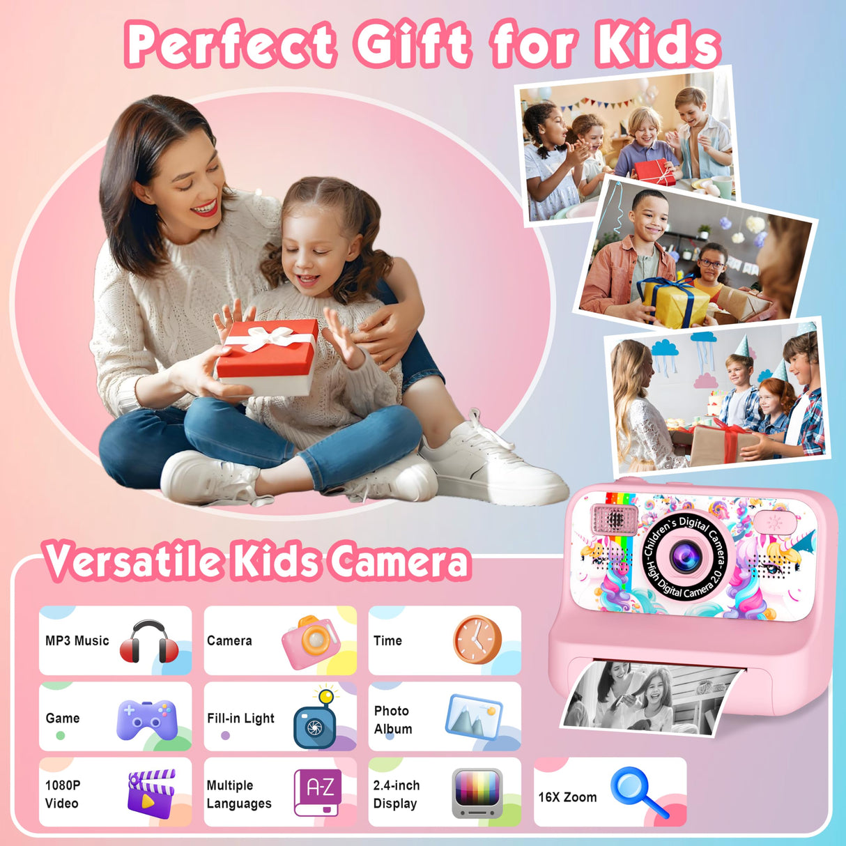 Kids Camera, Upgrade Kids Camera Instant Print, Front Rear Dual Selfie Digital CAM with 1080P Videos, Portable Travel Toy with Games and Music, Christmas Birthday Gift for Boys, Girls and Teens