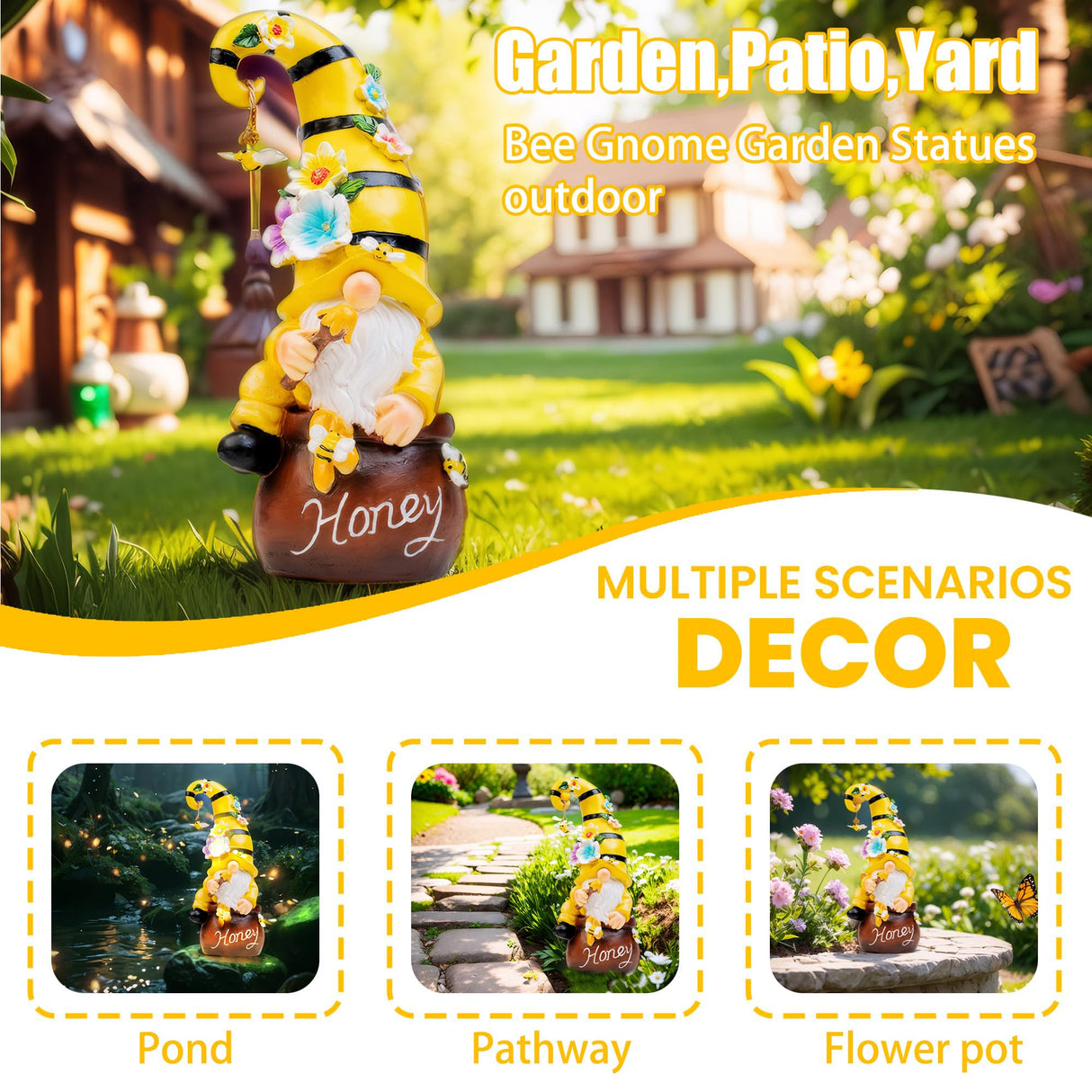 twinbling Birthday Gifts from Daughter Son - 13" Garden Solar Spring Gnomes Statues Outdoor Spring Decor with LED Lighted Bee and Flowers Funny Garden Sculpture for Patio Yard Lawn Decorations Gifts