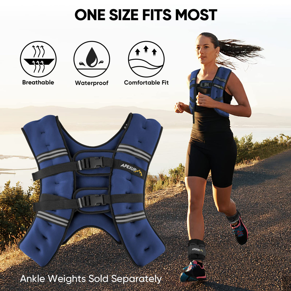 APEXUP Weighted Vest with 5lbs/10lbs/15lbs/20lbs/25lbs/30lbs Weights and Reflective Stripe, Weight Vest Men Women for Workout, Strength Training, Running (Blue, 25lbs)