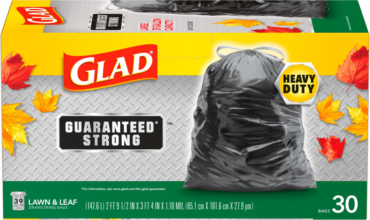 Glad Extra Large Drawstring Lawn and Leaf Bags, 39 Gallon, 30 Count
